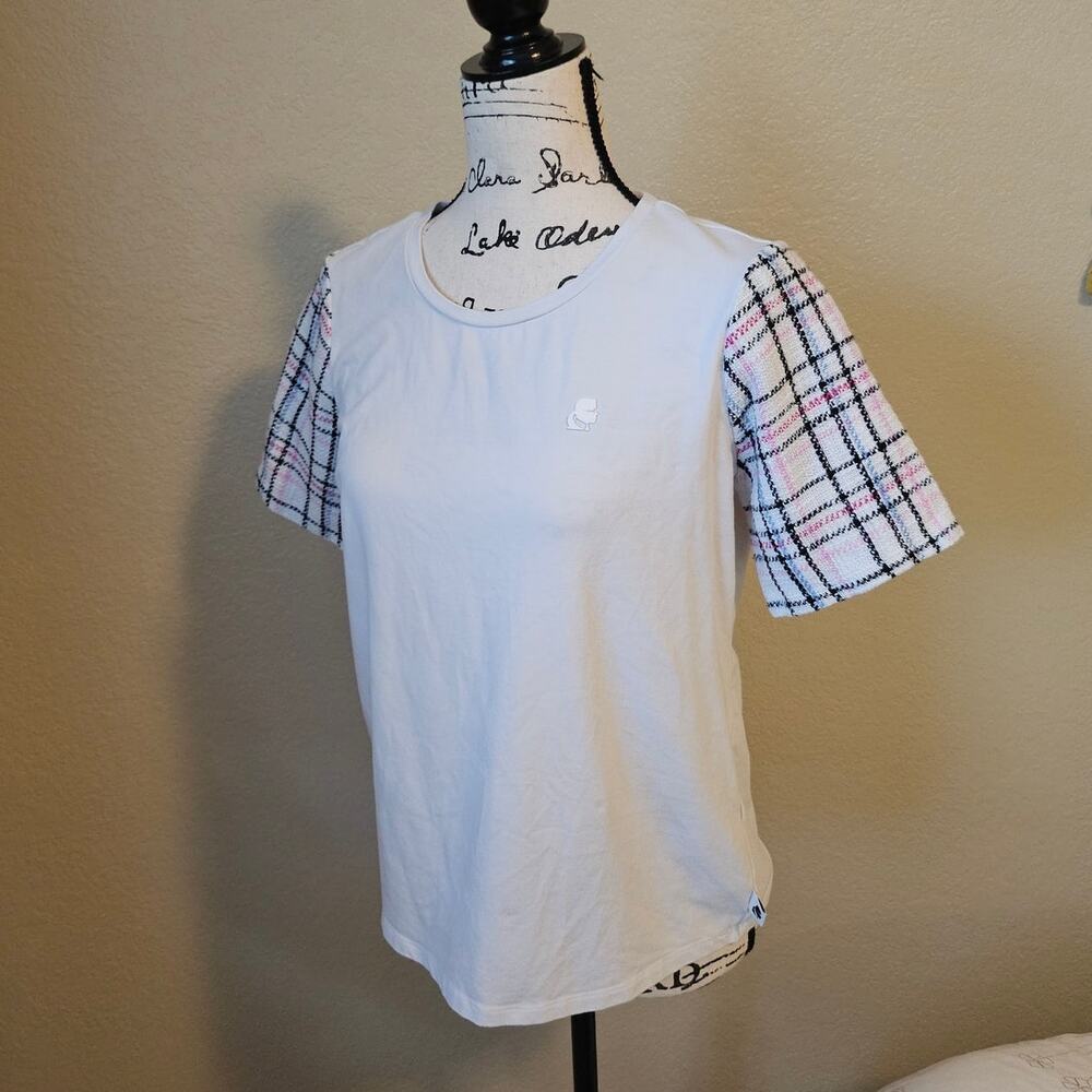 Karl Lagerfeld Paris T-Shirt, White with Plaid Sleeves, Medium